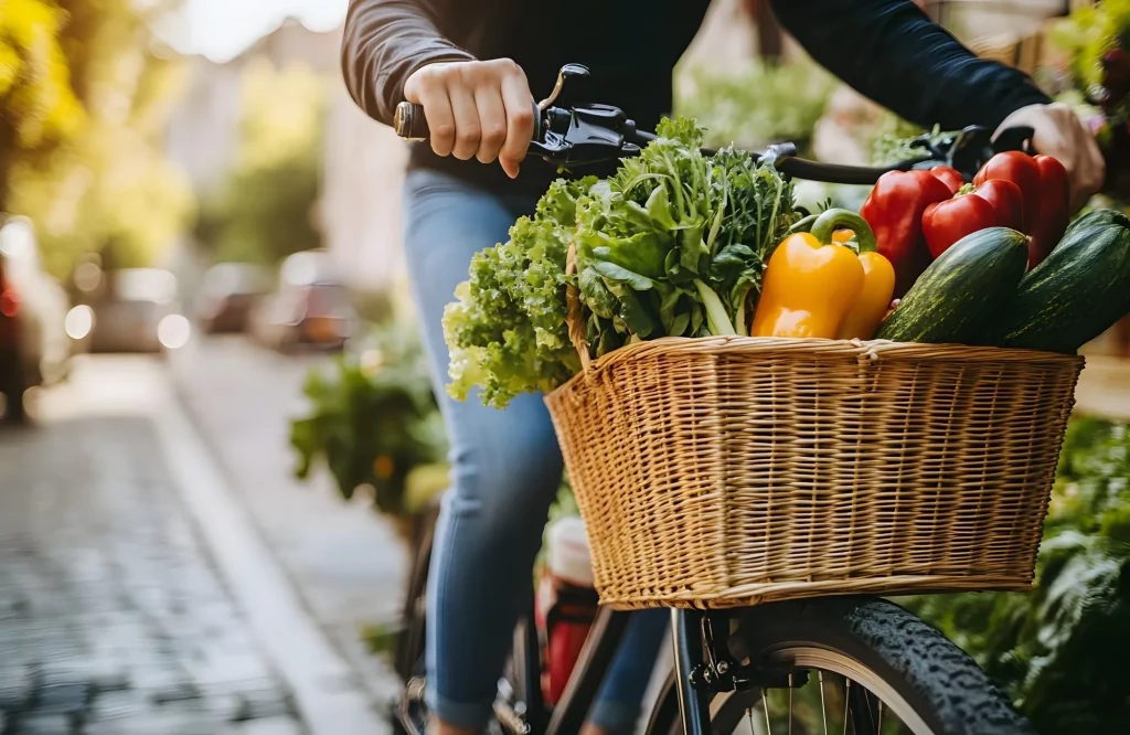 Eine Person fährt in einer städtischen Umgebung Fahrrad; im Weidenkorb am Lenker befindet sich frisches Gemüse.