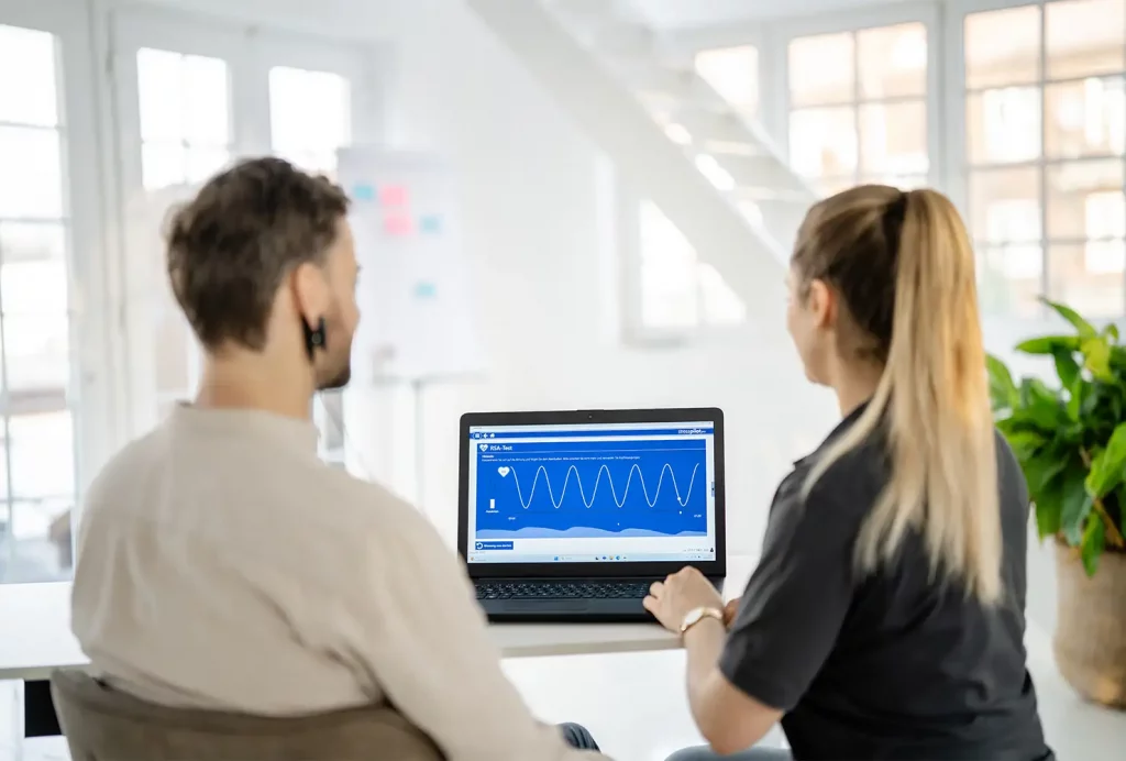 GiB-Trainerin bei der Herzratenvariabilitäts-Messung (HRV) mittels eines optischen Ohrsensors bei einem Teilnehmer.