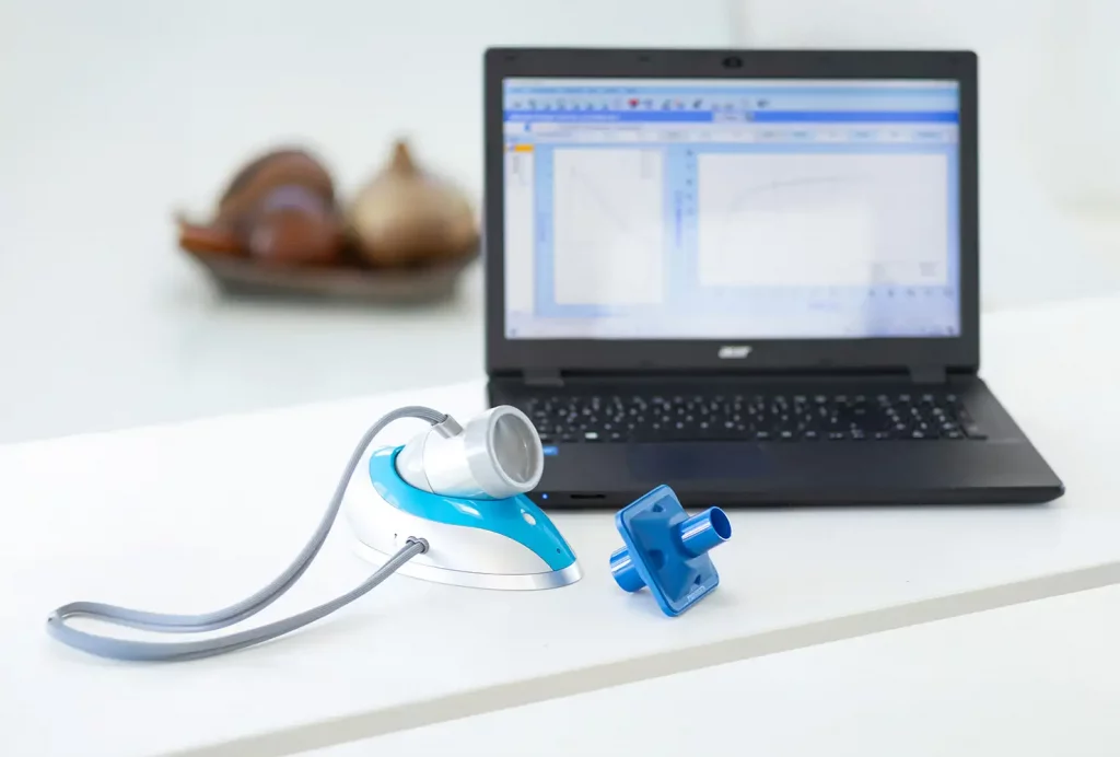 Nahaufnahme eines Spirometers für den Lungenfunktionstest mit digitaler Ergebnisauswertung auf einem Laptop.