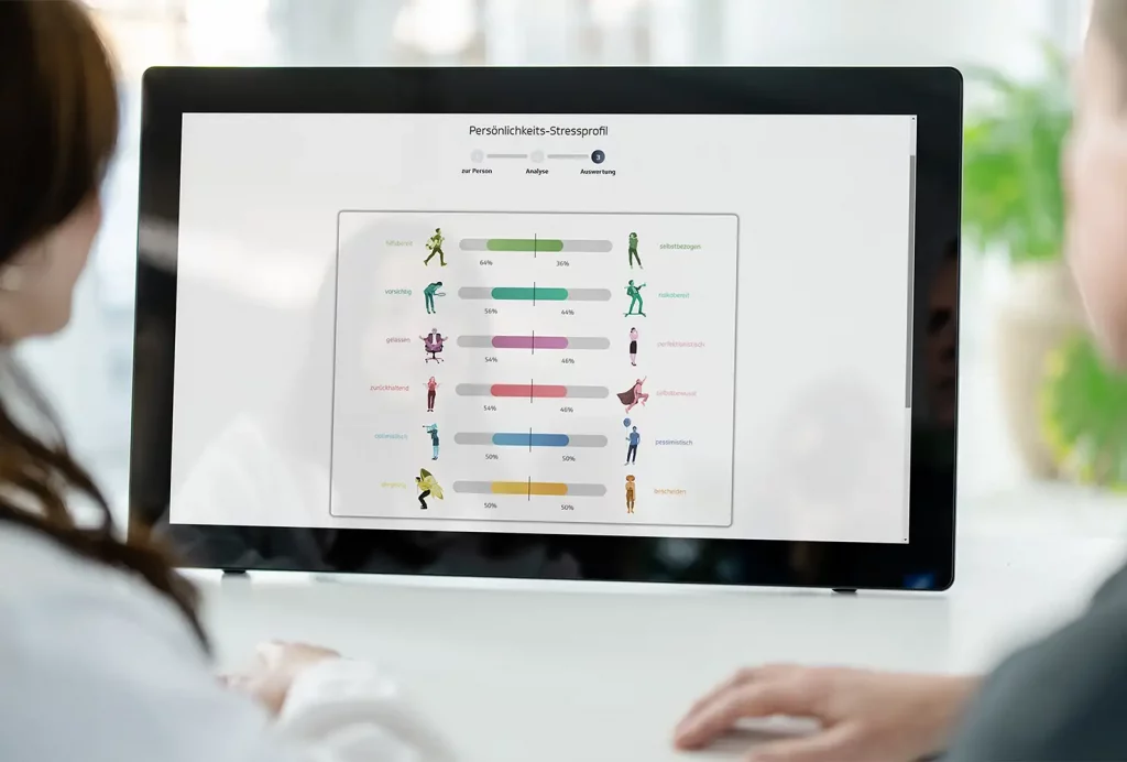 GiB-Trainer und Teilnehmerin beim digitalen Persönlichkeits-Stressprofil an einem Touch-Display.
