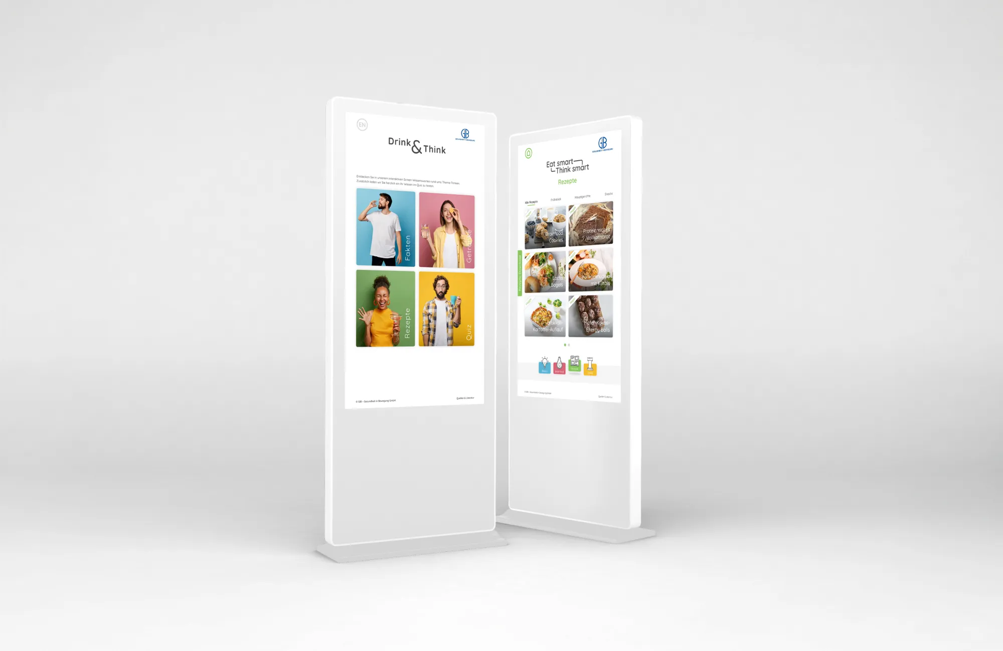 Zwei weiße interaktive Touch Stelen mit Screens von "Drink & Think" und "Eat smart, think smart".