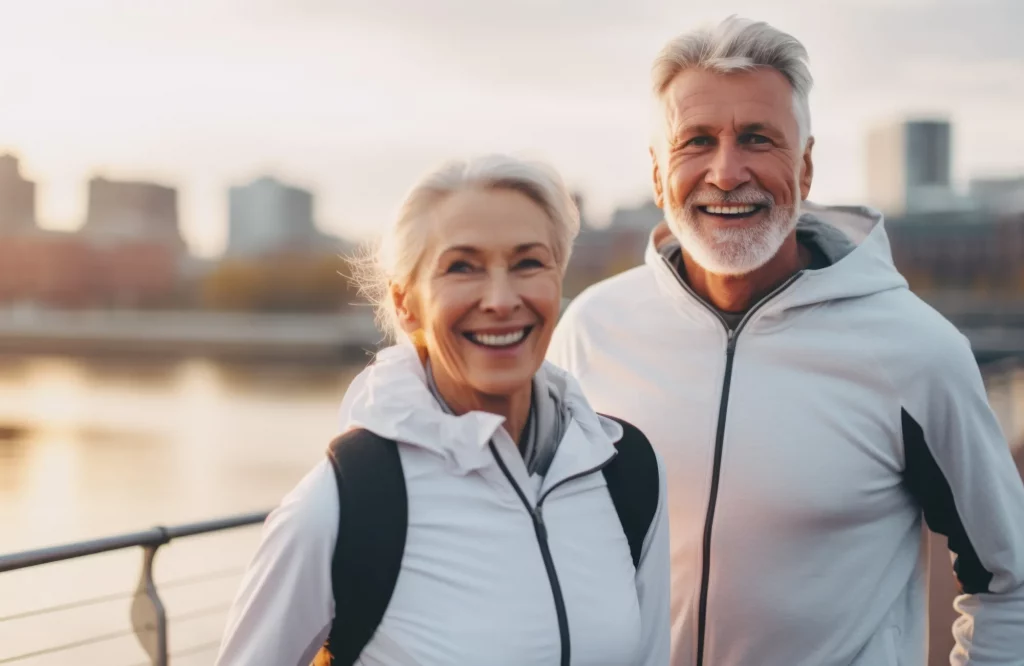 Ein lächelndes älteres Ehepaar joggt gemeinsam vor einer städtischen Kulisse.