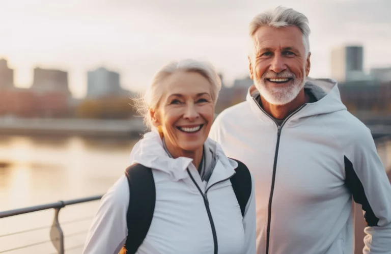 Ein lächelndes älteres Ehepaar joggt gemeinsam vor einer städtischen Kulisse.