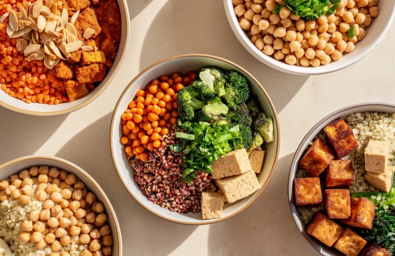 Eine Übersicht verschiedener veganer Proteinquellen wie Hülsenfrüchte, Nüsse und Tofu.