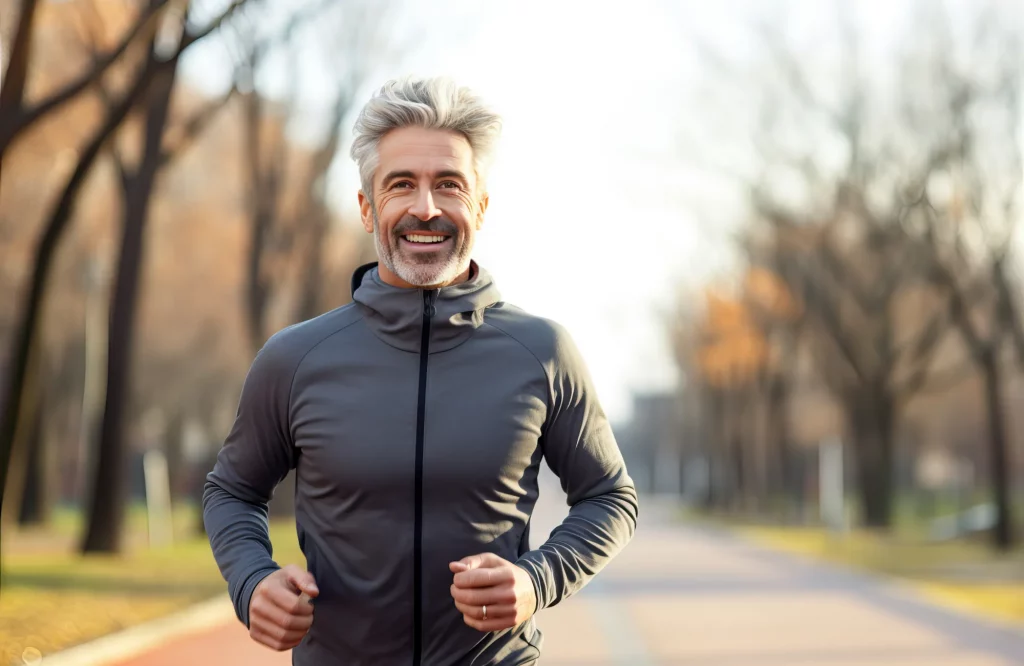 Mann in den 50ern beim Joggen im Park für die Verbesserung der Fitness.